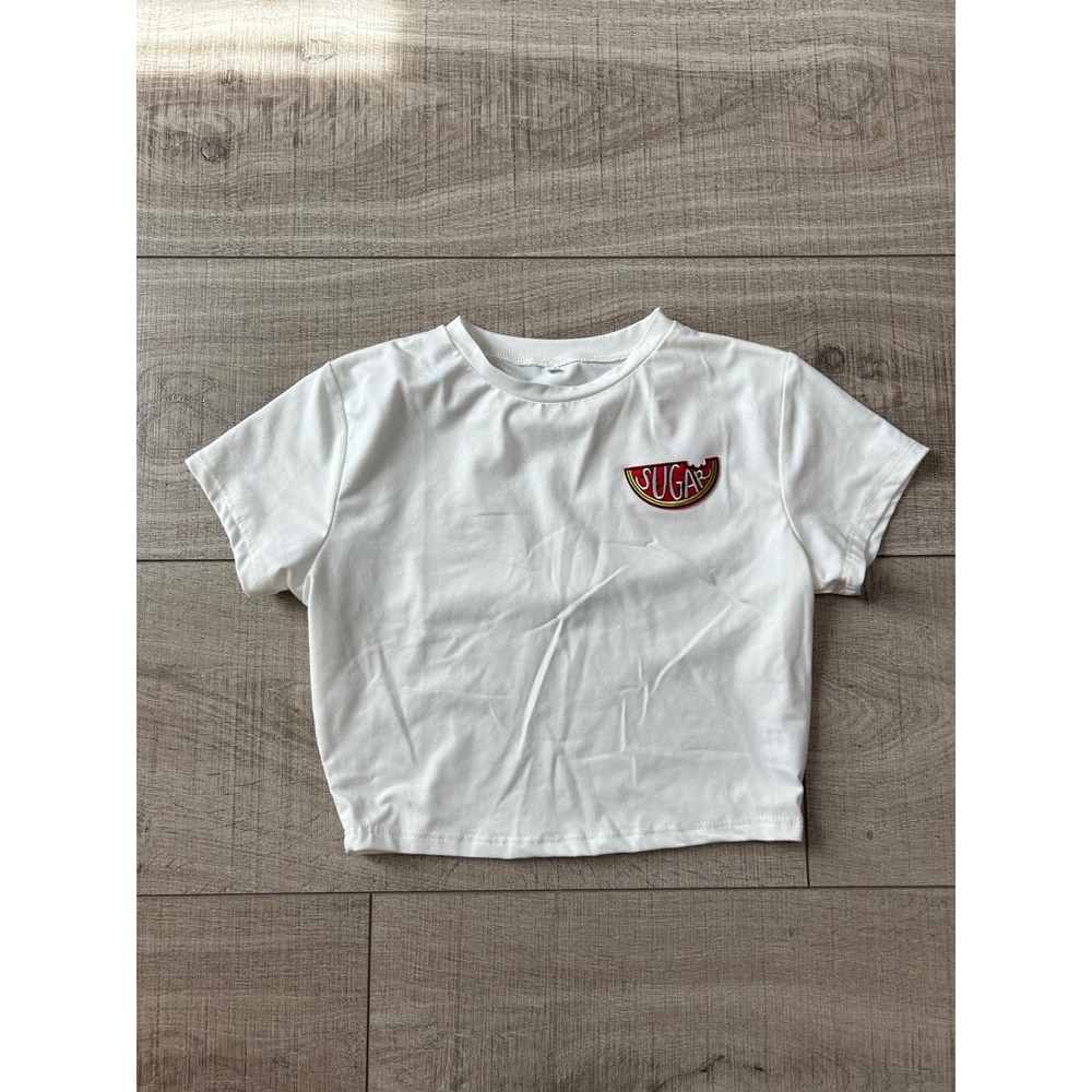 White Watermelon Sugar Patch Crop Top Short Sleeve Crew Neck Tee Size M